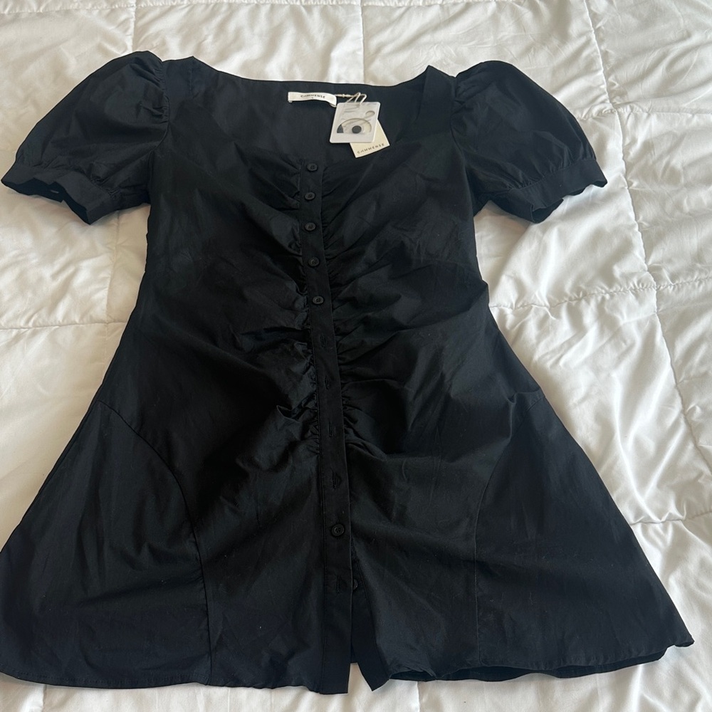 C/MEO Collective Black Puff-Sleeve Ruched Button Top